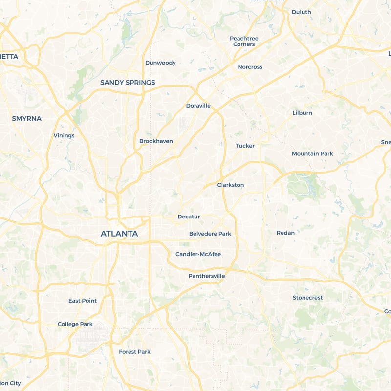 Map of metro Atlanta with our service area highlighted in clay over Atlanta, Roswell, Marietta, Sandy Springs, Dunwoody, Decatur, Smyrna, Vinings, Buckhead, East Cobb, Brookhaven, and Chamblee.